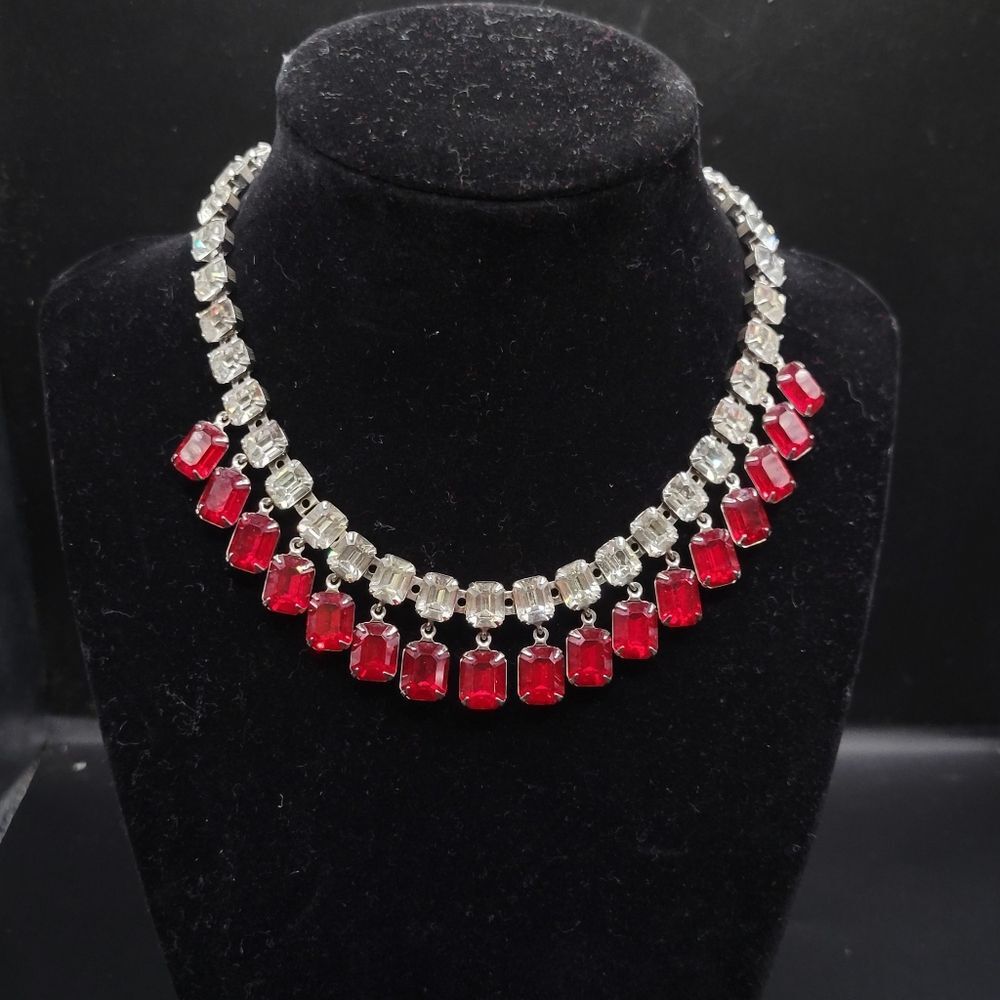 Vintage Silver tone Clear Pink Glass Dangle Choker necklace - Picture 4 of 14